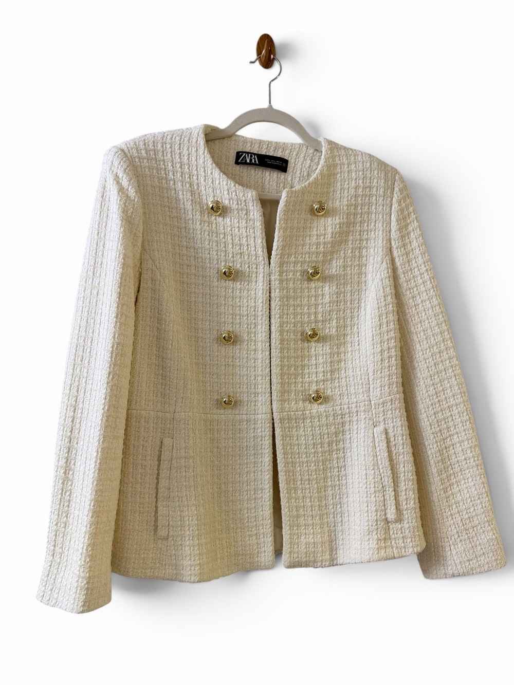 ZARA Women’s Cream Tweed Jacket Cream Gold Button Blazer Old Money | Size L - Picture 5 of 6